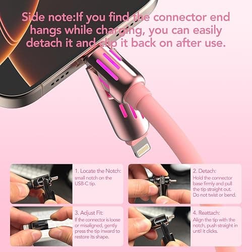 MFish 4-in-1 Universal Multi USB Charging Cable – 240W Max Fast Charger Cord with Multiple Connectors for iPhone 16/15/14/13, iPad, Samsung, MacBook, Tablets & More (Pink, 6.6Ft) - 6.6Ft - Pink thumbnail 3