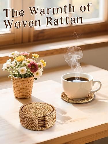 6pcs Natural Handmade Rattan Coasters with Holder - Wicker Drink Coasters Set, Housewarming Gifts Boho Summer Home Coastal Decor thumbnail 7