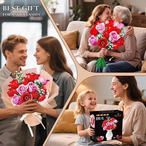 HOGOKIDS Flowers Bouquet Building Set with Lights - 16 Roses Bouquet Botanical Building Blocks Artificial Pink Roses Flower for Home Decor Christmas Birthday Gifts for Girls Adults - 387PCS (Pink) thumbnail 7