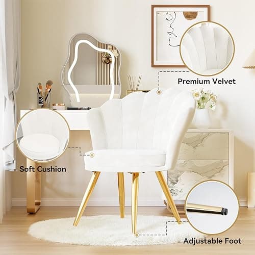 Aivermeil Velvet Accent Chair with Gold Metal Legs, Vanity Chair for Makeup Room, Upholstered Guest Chair for Living Room, for Bedroom, White thumbnail 3