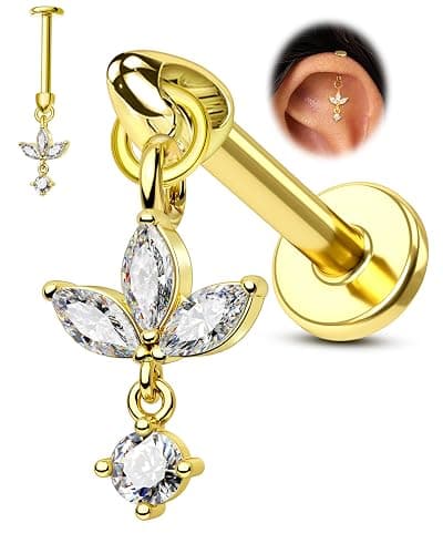 COCHARM 16G Flower Cartilage Earring Vertical Helix Piercing Jewelry, Flat Back Piercing Stud for Cartilage, Dangle Design, Gold and Silver Tone Lobe Helix Earring Stud thumbnail 8