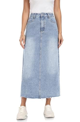 MISS MOLY Women's Jean Skirt Stretch High Waisted Frayed Raw Hem A Line Denim Midi Skirt with Pockets thumbnail 5