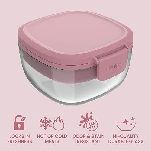 Bentgo Glass Salad Container - 7.6-Cup Salad Bowl with Airtight Lid, Leak-Proof Sauce Container, 4-Compartment Bento Tray & Reusable Fork - BPA-Free for Meal Prep, Office & More (Rose) thumbnail 4