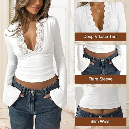 Allmloers Women's Lace Long Sleeve Tops Deep V Neck Crop Top Sexy Slim Fitted Bell Sleeve Tee Y2k Going Out Tops thumbnail 5
