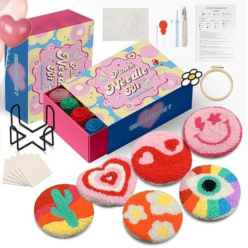 yuegool 6PCS Energy Punch Needle Coasters Kit - DIY Embroidery Set for Adult Beginners, Art Craft Supplies with Patterns, Functional Tools, Yarn, Hoop, and Coaster Holder - Image 1