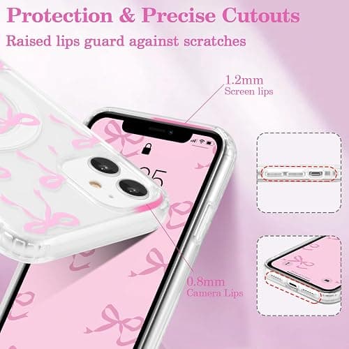 UEEBAI Magnetic for iPhone 11 Case, Bow Case Compatible with MagSafe, Wireless Slim Clear Ribbon Aesthetic Phone Case Anti-Yellowing Shockproof Protective Cover for Women Girl - Pink - iPhone 11 - Pink thumbnail 3