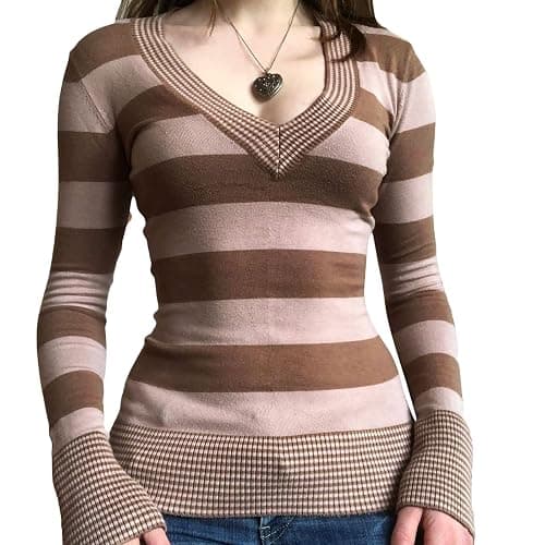 FeMereina Women's Y2K Striped Long Sleeve Crop Tops V-Neck Knitted Pulolver Vintage Aesthetic T-Shirts Fairy Grunge Slim Fitted Teen Girls Blouses - Image 1