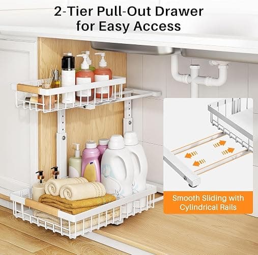 PXRACK Under Sink Organizer, Adjustable Height, 2 Tier Pull Out Under Cabinet Organizer, Slide Out Thickened Metal Under Sink Storage for Kitchen Bathroom Laundry Pantry Cabinet, White, Large-2-Pack thumbnail 3