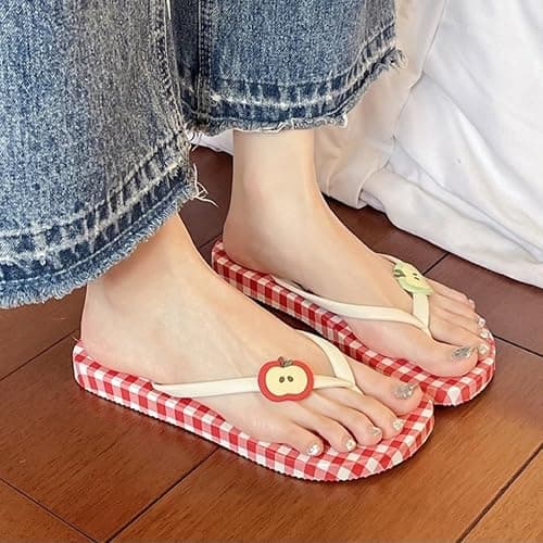 Umhje Whimsy Twee Plaid Flip Flops for Women Whimsical Funky Double Apple Slippers Y2K Kawaii Grunge Cozy Beach Shoes thumbnail 2