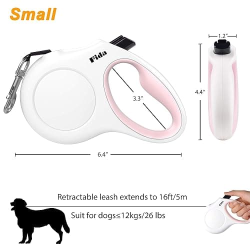 Fida Retractable Dog Leash for Small Breed up to 26 lbs, 16 ft Pet Walking Leash with Dispenser and Poop Bags, Anti-Slip Handle, Reflective Strong Nylon Tape, One-Handed Brake (S, White & Pink) thumbnail 6