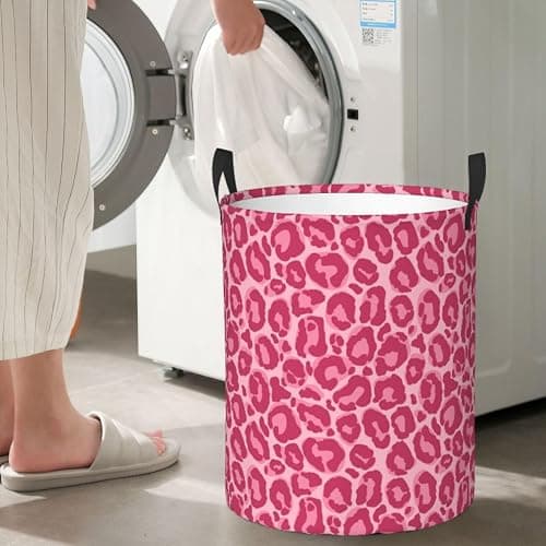Gbuzozie Pink Leopard Texture Round Laundry Hamper Storage Basket Toys Clothes Organizer Bin For Home Bathroom Bedroom Dorm Nursery, 62l thumbnail 2