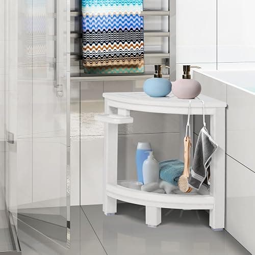LOENIY 2-Tier Corner Shower Stool with Hooks & Soap Dish, HDPE Shower Bench for Shaving Legs, Wood-Like Shower Stool for Inside Shower with Non-Slip Foot Pads, Waterproof Shower Foot Rest (White) - White thumbnail 2