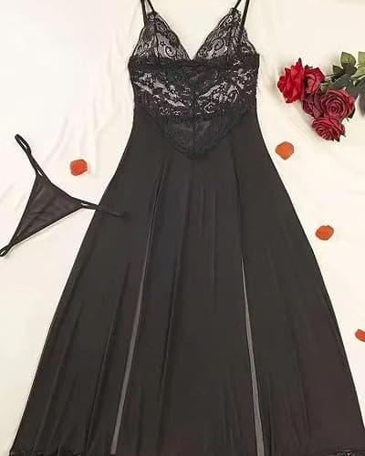 txsrbsj Women Lingerie Sexy Split Mesh Lace Floral Sheer Babydoll Lingerie Deep V Nightwear with Thong - Black - Large thumbnail 6