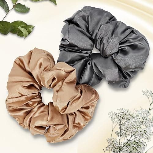 Kitsch Satin Scrunchies for Women - No Crease Hair Ties for Girls | Big Scrunchies for All Hair Types and Textures, Perfect for Day or Night | Ideal Gifts for Women - 2 Pcs, Charcoal and Gold thumbnail 7