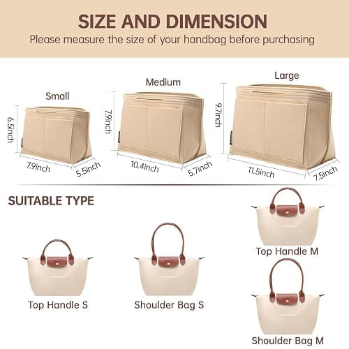 OPPOSHE Purse Organizer Insert for Longchamp Le Pliage, Premium Felt Long Champ Bag Handbag Women, Tote Organizer Insert with 9 Compartments (Large, Beige) thumbnail 2