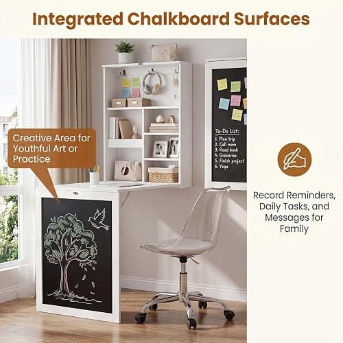 Tangkula Foldable Wall-Mounted Desk, Floating Desk with Chalkboard, Storage Shelves & Hooks, Space-Saving Murphy Table for Home Office, Bedroom, Dorm Room, Small Spaces thumbnail 7