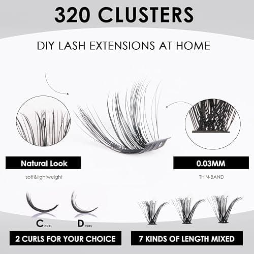 Individual-Lashes 320PCS 60D+80D DIY Lash Extension Kit with Bond and Seal 10-16mm MIX Fluffy False Eyelashes with Glue and Eyelash Applicator, Look Like Eyelash Extension at Home(60D+80D-0.07D) thumbnail 3