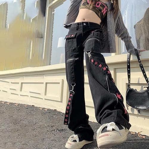 RILGOU Y2K Grunge Goth Vintage Casual High Waist Straight Wide Leg Zipper Red Star Straps Trim Jeans Cargo Pants thumbnail 5