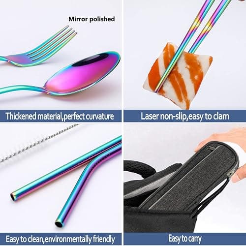 Portable Reusable Travel Utensils Silverware With Case, Camping Cutlery Set, Chopsticks and Straw, Flatware With Case, Stainless Steel Rainbow Top thumbnail 7