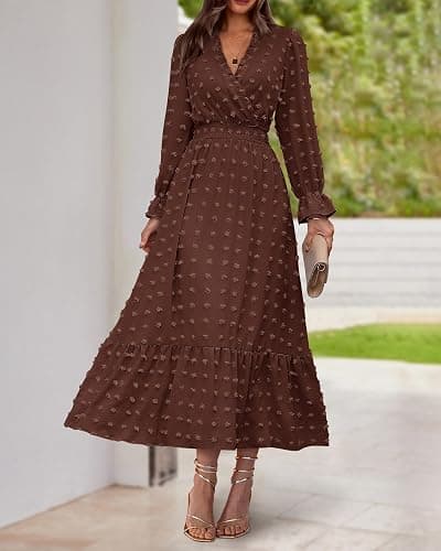 BTFBM Women Fall Maxi Dresses 2025 Long Sleeve V Neck Swiss Dots High Waisted A-Line Ruffle Boho Long Dress Vacation thumbnail 2