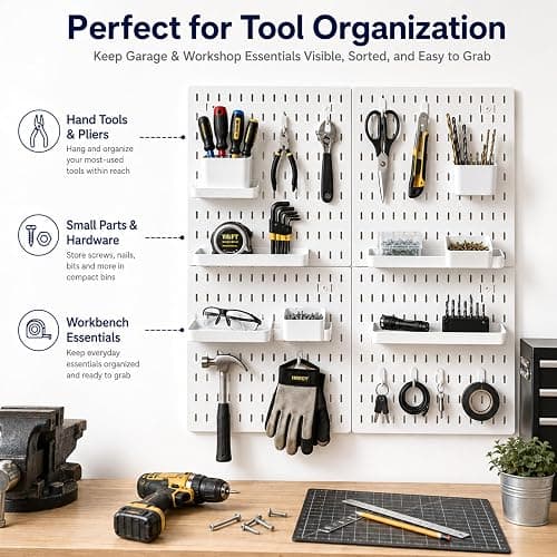 PSLER 22"×22" White Pegboard Kit with 17 Accessories, Garage Office Storage | Pegboard，Complete Hooks Accessories Kit, Multi-scene Organizer, Wall Mount Space Saving,Fits All Wall Surfaces thumbnail 6
