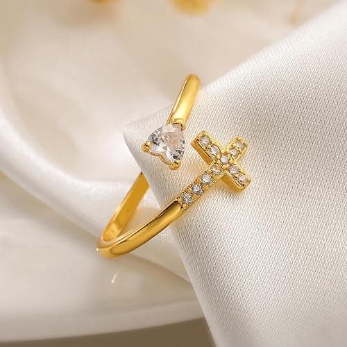 cmoonry 14K Gold Plated CZ Cross Heart Ring Eternity Promise Jewelry for Her thumbnail 4