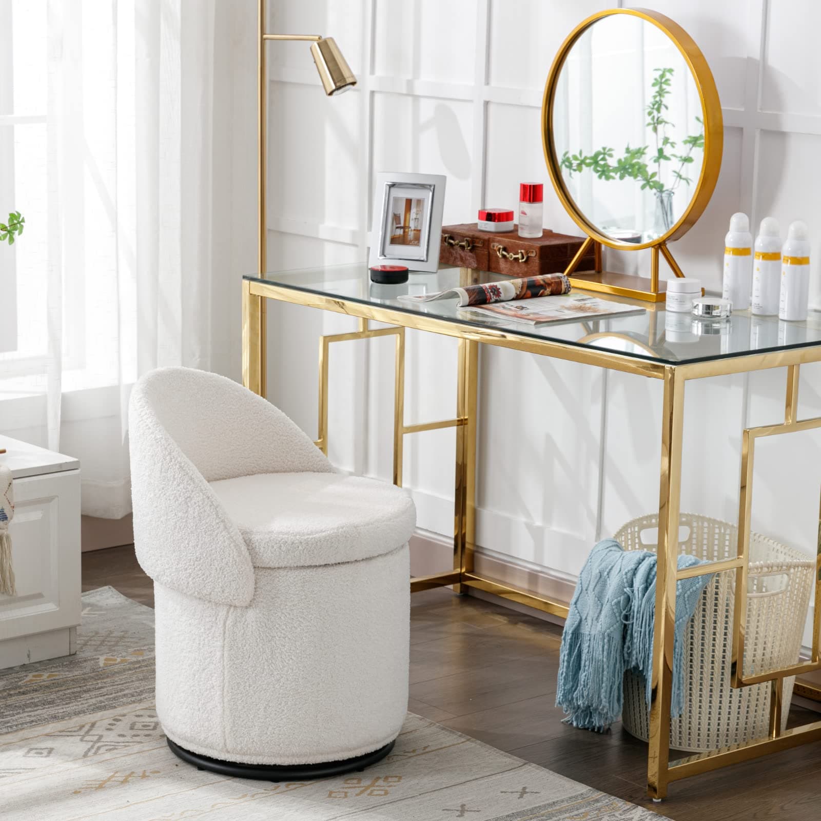 Swivel Vanity Ottoman Chair: Linen Upholstered Barrel Club 360°Degree Swivel Side Stool with Storage - Comfy Modern Makeup Stool- Bedroom Living Room - White thumbnail 8