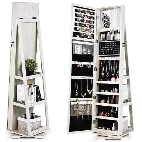 MAT EXPERT 360 Rotating Jewelry Armoire with Mirror, Freestanding Jewelry Storage Mirror w/78 Ring Slots, 24 Necklace Hooks, 120 Earring Slots, Lockable Jewelry Organizer for Makeup (White) - Image 1