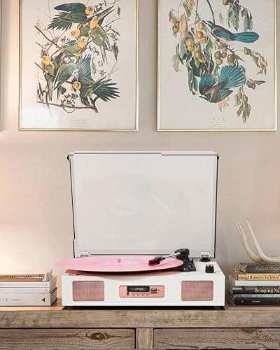 Vinyl Record Player Vintage Wireless Bluetooth Record Player with Stereo Speakers, USB/TF Card Recording, LP Player with 3 Speed Belt Drive Turntable Support RCA Line-Out AUX Input EQ,White& Rose Gold thumbnail 7
