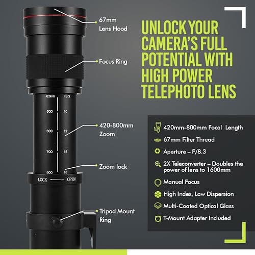 High-Power 420-1600mm f/8.3 HD Manual Telephoto Zoom Lens for Canon T1i T2i T3 T3i T4 T4i T5 T5i T6 T6i T6s T7 T7i T7s T8i EOS 1D 5D 6D 7D 30D 40D 50D 60D 70D 80D 90D XS XSI SL3 SL2 SL1 thumbnail 2