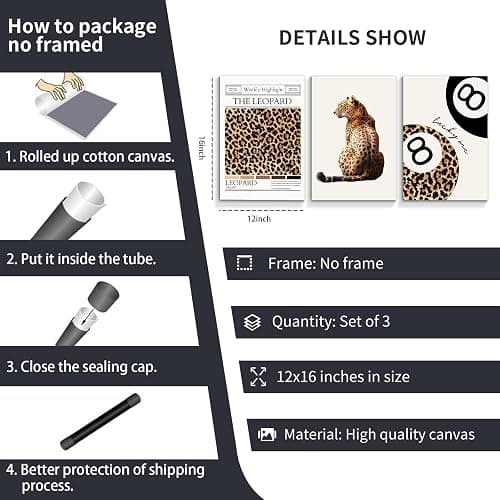 Funky Leopard Canvas Wall Art, Preppy Lucky 8 Ball Poster, Set of 3 Charming Cheetah Picture, Preppy Room Decor, Gift for Cheetah Lover, Trendy Wall Decor for Living Room 12x16 in Unframed - 12W"x16W" - Leopard01-Unframed thumbnail 2