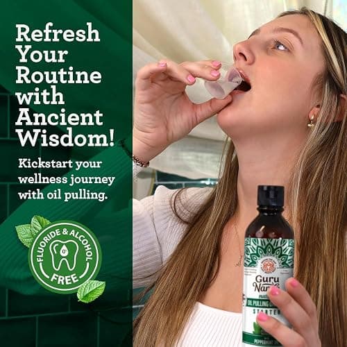 GuruNanda Starter Pulling Oil Mouthwash for Natural Teeth Whitening, Coconut and Peppermint Oil for Fresh Breath & Happy Gums, Alcohol-Free, 8 Oz thumbnail 3