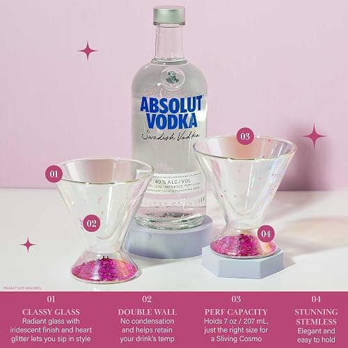Paris Hilton 2-Piece Martini Glass Set, Double Wall Glass Design, Great for Martinis, Cocktails, Cosmopolitans, Margaritas, 207mL, 7-Ounce, Iridescent with Glitter Hearts thumbnail 3