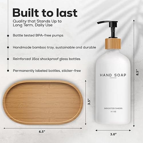 Luxury Glass Hand and Dish Soap Dispenser Set by Brighter Barns - Kitchen Soap Dispenser Set with Tray - Bamboo Pump Bottle for Kitchen Sink - Boho Home Decor, Modern Decor in Restaurant (Black/White) - Hand Dish (Black/White) thumbnail 2