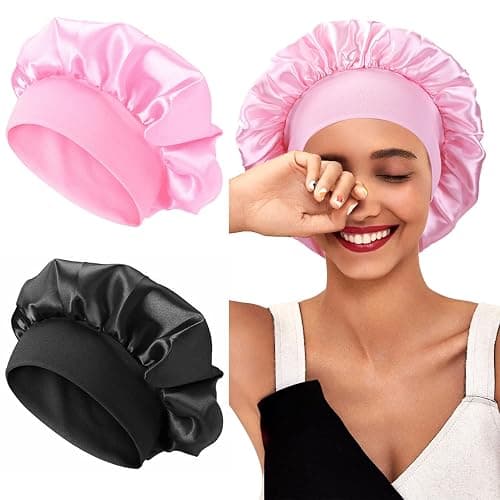 XRACEPHOL 2PCS Silk Bonnet for Sleeping Satin Bonnet Breathable Bonnets for Black Women Satin Hair Cap for Sleeping Wide Elastic Band Sleep Cap Hair Bonnet for Sleeping（Black+Pink） - Image 1