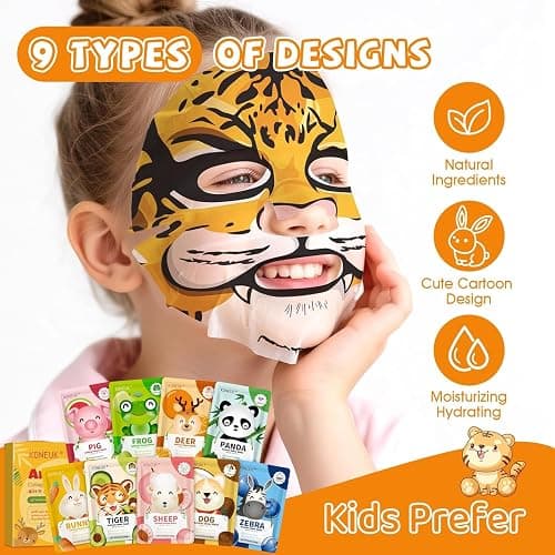 9 Pack Animal Face Masks Skincare for Kids, Spa Party Gifts for Teen Girls | Bulk Sheet Hydrating Face Mask for Kids Skin Care, Collagen Face Mask for Teens Women, Sleepover Party Supplies thumbnail 2