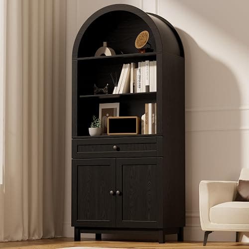 TEROL Arched Pantry Cabinet, 71" Kitchen Pantry Cabinet with Smooth Gliding Drawers and Adjustable Shelf, Wood Storage Cabinets Anti-Tipping, Modern Farmhouse for Living Room, Dining Room (Black) - Black - Image 1