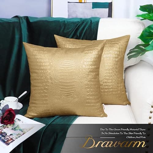 BRAWARM Faux Leather Pillow Covers 20 X 20 Inches, Gold Leather Pillow Covers Pack of 2, Crocodile Leather Decorative Throw Pillows for Living Room Couch Bed Sofa Home thumbnail 3