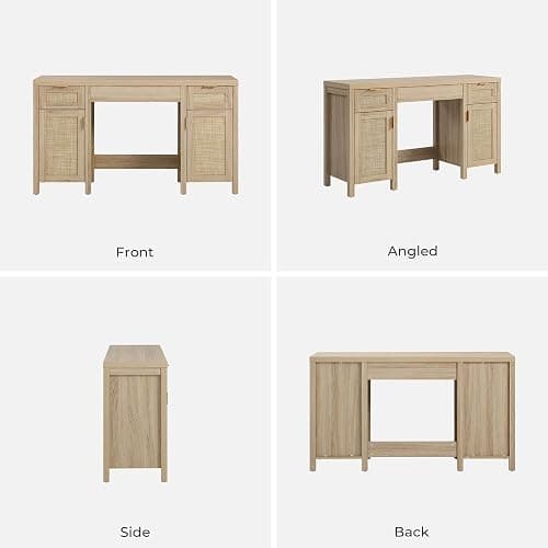 SICOTAS Rattan Vanity Home Office Desk - 52" Large Farmhouse Boho Makeup Vanity Dressing Table with 3 Drawers & 2 Storage Cabinets, Vanities Desk for Makeup Room, Bedroom, Home Office, Light Oak - Reclaimed Light Oak - 1 Piece thumbnail 9