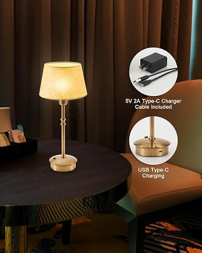 UMEXUS 2 Pack Small Cordless Rechargeable Table Lamp, Battery Operated Lamp | 3 Level Brightness Dimmable, Portable Accent Light for End Table Restaurant Dining Outdoor, Beige Fabric Shade, Antique Brass thumbnail 5