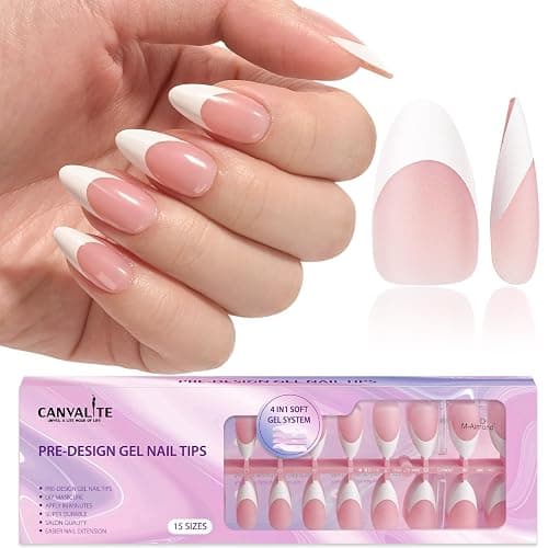 Canvalite French Tip Press on Nails Gel Nail Tips - 300Pcs Pre-Colored Quick and Easy Press on Nails Almond Fake Nails with Designs DIY Nail Extensions Valentines Day Gifts for Her, Pink White - Image 1