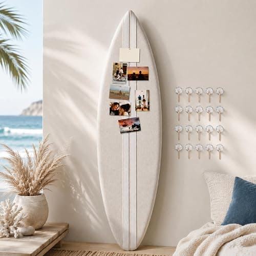Poola Voidra Surfboard Arch Pinboard Linen Bulletin Board with 20 Push Pins | 48 x 13.8 Inches, Decorative Wall Nautical Beach Theme Wall Decor, Coastal Aesthetic for Dorm Photos Notes Home Room Office - Image 1