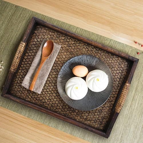 Rattan Serving Tray with Handle, Rustic Table Tray Rectangular Tea Tray  thumbnail 2