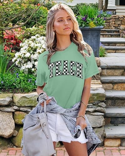 PICKID Teacher Shirts Women: Checkered Teach Printed T-Shirt Graphic Teaching Gifts Tees Casual Short Sleeve Tops thumbnail 4