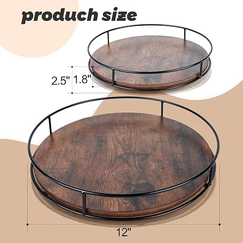 12 Inch Wood Lazy Susan, Rustic Brown Turntable Organizer with Steel Frame, 360 Degree Decorative Turntable for Countertop or Centerpieces thumbnail 3