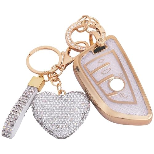 Meruns Compatiable with BMW key fob cover with Diamond Bling Keychain, Car Accessories Key holder Shell Compatiable with BMW X1 X2 X3 X5 X6 X7 GT and Series 2 3 4 5 6 7 8,Gold Clear - Image 1