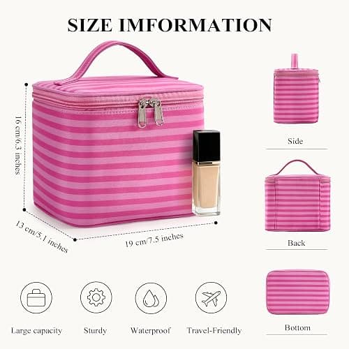 Hibilog Striped Makeup Bag with Built-in Mirror, Large Capacity Nylon Cosmetic Bag, Portable Travel Toiletry Organizer with Handle for Travel (Pink Stripe) thumbnail 3