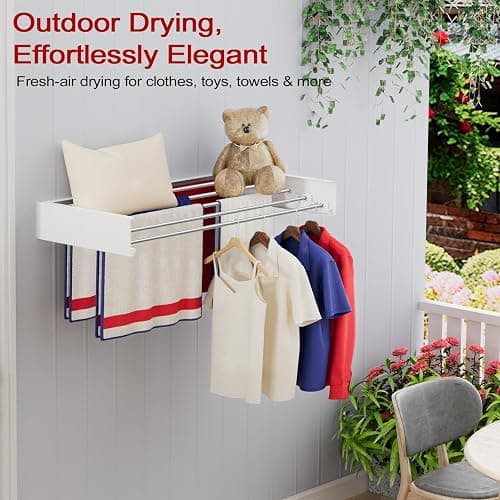 SOLVESTIS Wall Mounted Drying Rack 31.5", Foldable Laundry Drying Rack with Stainless Steel Rods, Retractable Laundry Space Saver for Indoor & Outdoor Use, Include Wall Template thumbnail 4