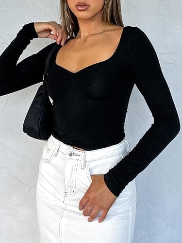 TiulZial Women's Long Sleeve Going Out Crop Top Sexy Pleated Trendy Shirt Sweetheart Neck Y2K Ruched Cropped Tops thumbnail 5