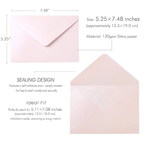 PONATIA 50 PCS/Pack A7 Envelopes, 5.25 x 7.48'' Sparkle Blush Pink Envelopes, Perfect for 5 x 7'' Wedding Invitation Cards, Graduation Invite, Acrylic Invitations, Photos thumbnail 3